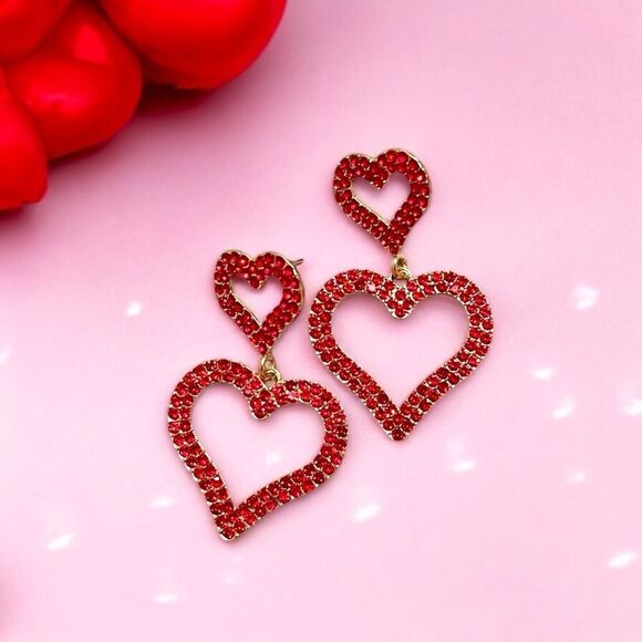 Red Rhinestone Double Heart Gold Tone Dangle Earrings - Picture 2 of 2
